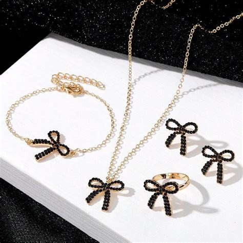 Bowknot Gold-Plated Necklace Earrings Ring Bracelet 5 Piece Jewelry Set ...