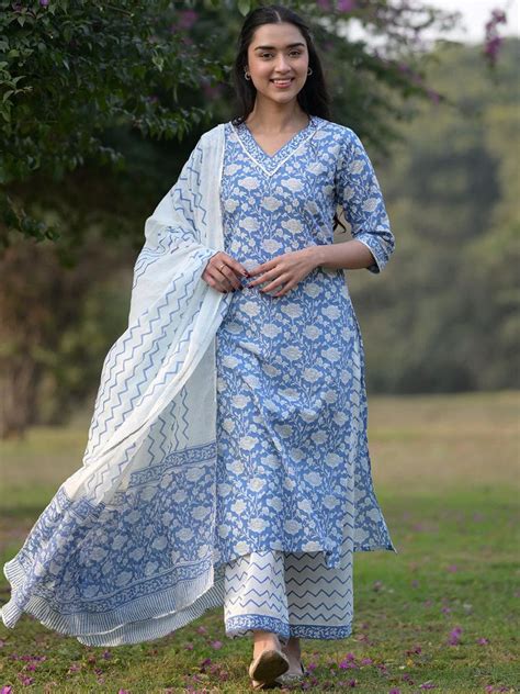 Buy Blue Printed Cotton Straight Suit With Dupatta Online at Rs.1469 ...