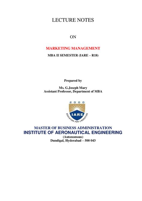 IARE MM Lecture Notes 0 - LECTURE NOTES ON MARKETING MANAGEMENT MBA II ...
