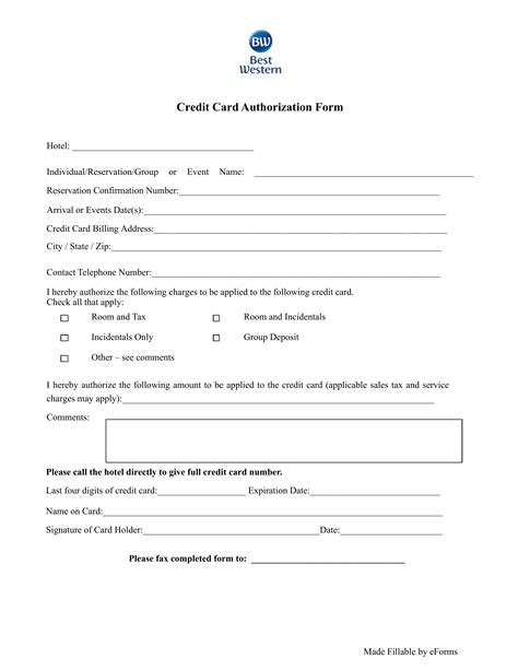 Free Best Western Hotel Credit Card Authorization Form - PDF – eForms