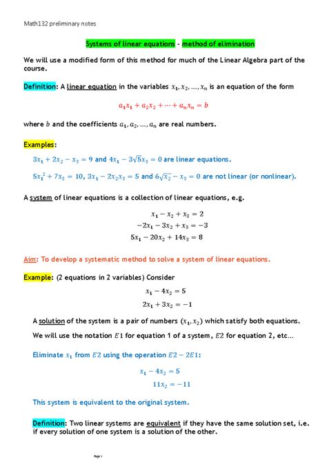 Prelim notes - Systems of linear equations - method of elimination Definition: A linear equation ...