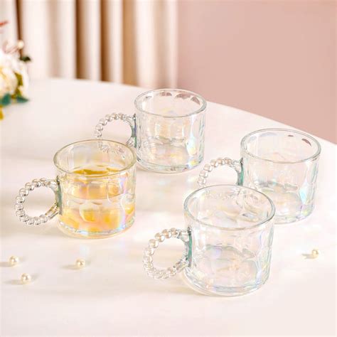 Set Of 4 Iridescent Glass Tea Cups With Beaded Handle 325ml Online ...