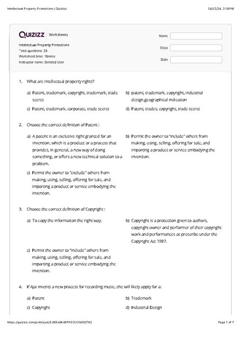 Intellectual Property Protections Quizizz - Worksheets Intellectual ...