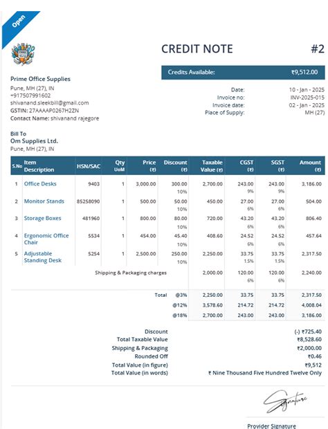 Credit Note Format for GST 2020