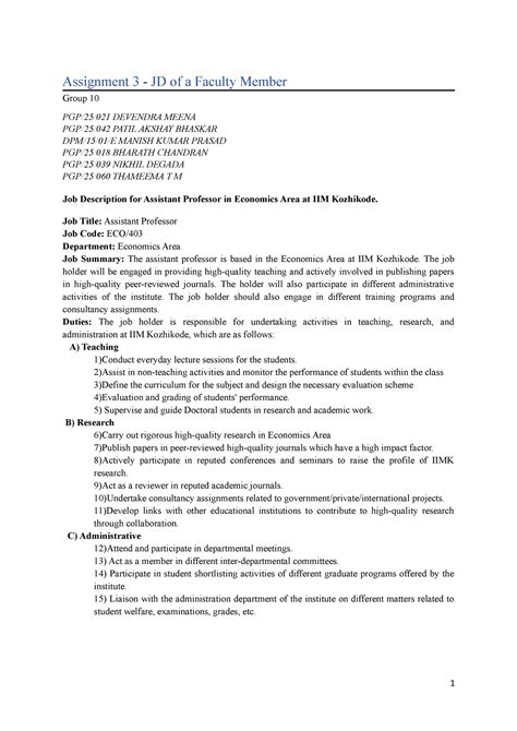 Group 10 Sec A Assignment 3 - Assignment 3 JD of a Faculty Member Group ...