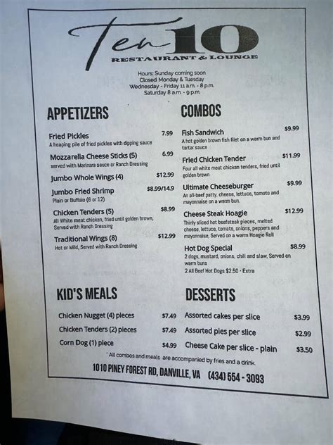 Menu at Ten Ten restaurant, Danville