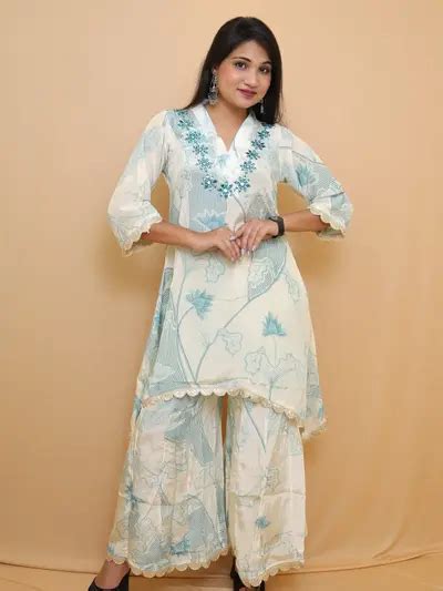 Buy Ivory Blue Floral Printed High Low Kurti with Palazzo Set online at ...