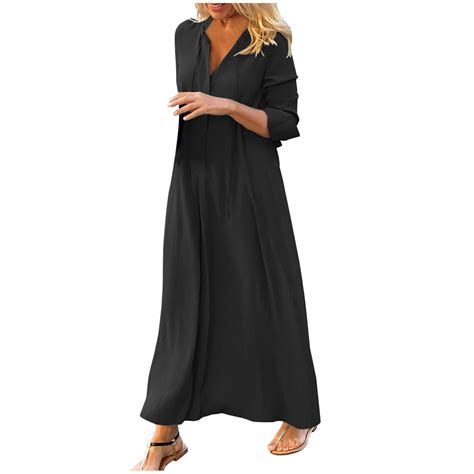 Maxi Dress for Women V Neck Solid Color Long Sleeve Dress Casual Loose ...