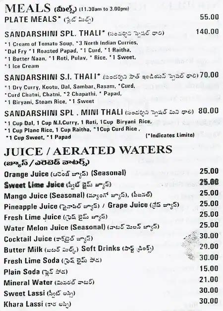 Menu at Sandarshini Hotel, Hyderabad, Masab Tank