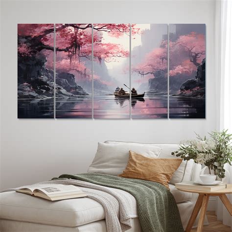Latitude Run® Pink Vietnam Tam Coc River Boat II - Vietnam Canvas Print - 5 Equal Panels | Wayfair