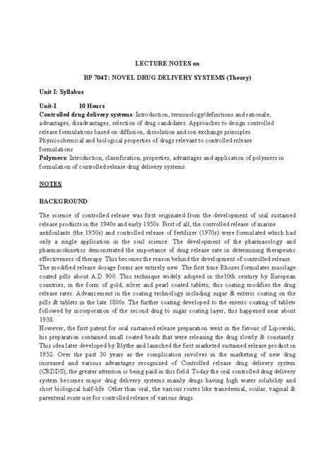 LECTURE NOTES on BP 704T: Novel Drug Delivery Systems - Unit I Overview ...