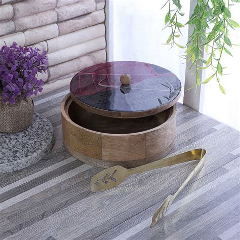 Buy Handmade Leaves Design Printed Mango Wood Roti Box With Tong Online ...