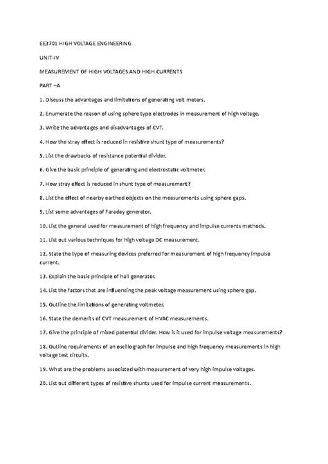 EE3701 HIGH VOLTAGE ENGINEERING UNIT IV: Measurement Techniques and ...