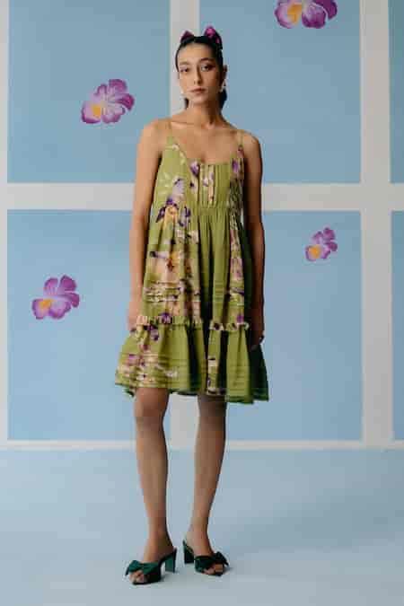 Buy Green Organic Cotton Print Floral Scoop Lulu Tiered Dress For Women ...