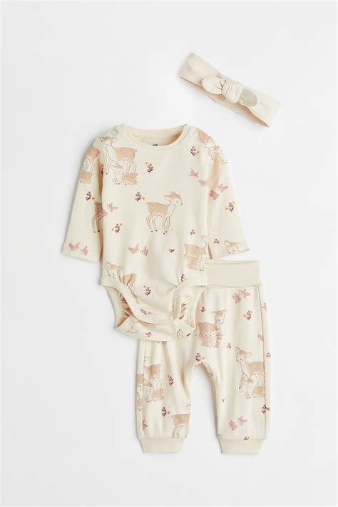 3-piece cotton jersey set - Light beige/Deer - Kids | H&M IN