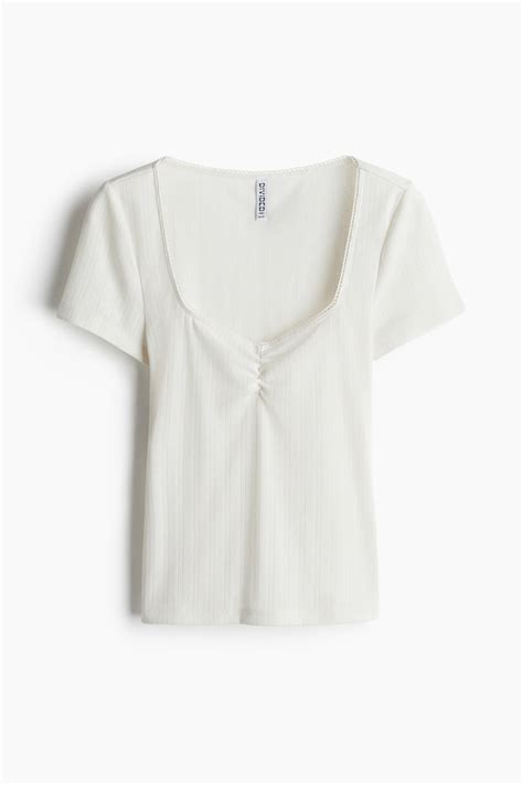 Picot-trimmed T-shirt - Cream - Ladies | H&M IN