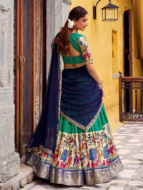 Green Poly Chanderi Kalamkari Print Zari Weaving Half Saree Lehenga ...