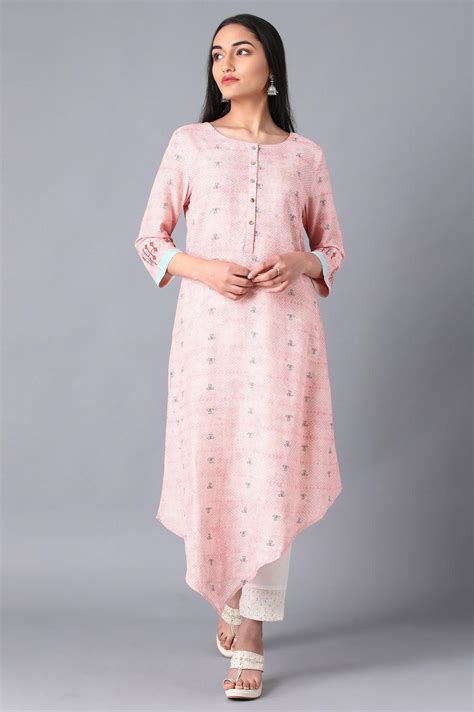 Buy Pink Round Neck Asymmetrical Hem Livaeco kurta @ 1699 | W for woman ...