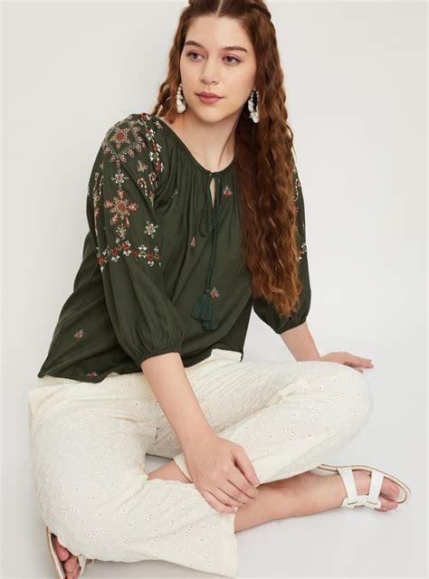 Buy Women Embroidered Tie-Up Neck Tunic Online at just Rs. 799.0 ...