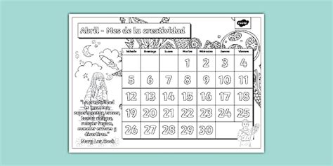 Calendario para colorear: Abril - Mes de la creatividad