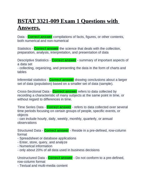 BSTAT 3321-009 Exam 1 Questions with Answers. | Exams Statistics | Docsity