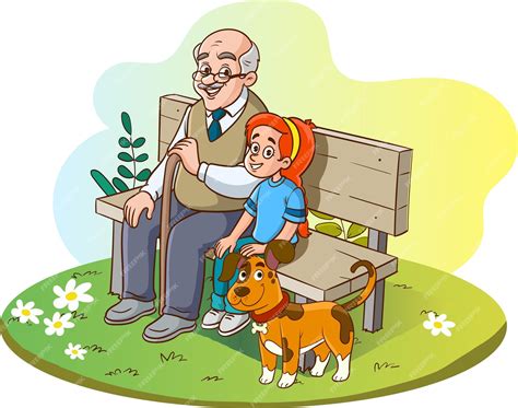Premium Vector | Grandfather and granddaughter sitting on bench