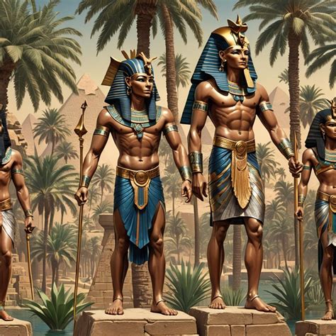Egyptian gods and goddess, pyramids nile river palm trees, intricately detailed, hyperrealist ...
