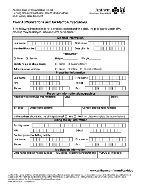 Anthem Prior Authorization Form for Medical Injectables - Blank ...