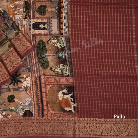 Semi Raw Silk Light Peach Checked Floral Printed Saree – Kumaran Silks