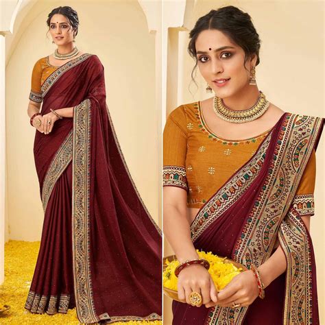 Maroon Festive Wear Embellished Chiffon Saree With Heavy Lace