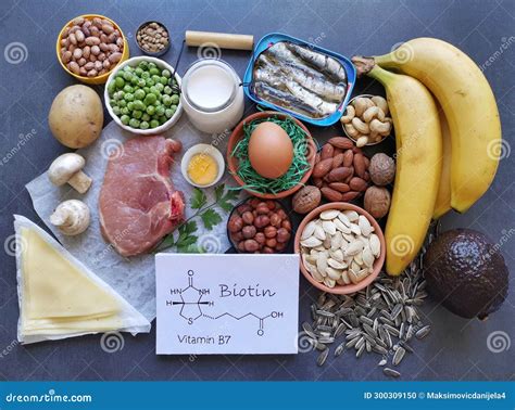 Biotin High Foods. Vitamin B7 Rich Food Sources With Chemical Formula ...