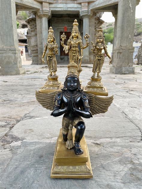 Handcrafted Brass statue of Lord Vishnu with Bhudevi and Sridevi on Ga ...