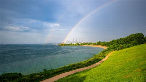 Wallpaper coast, field, water, rainbow, landscape hd, picture, image