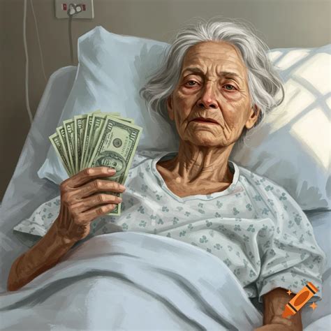 Elderly woman in bed holding money on Craiyon