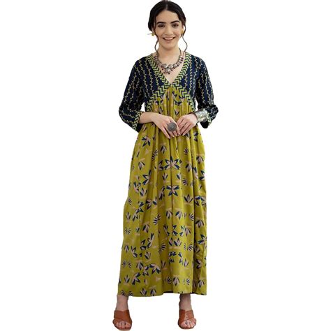 Buy Rustorange Women's Viscose V-Neck Lotus Dress - (Olive & Blue_X ...