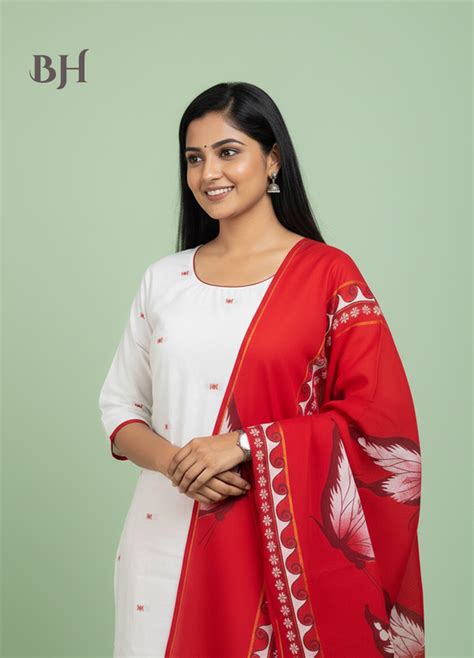 Jacquard Cotton Kurti Set Half White & Red – Straight Cut Pattern with ...