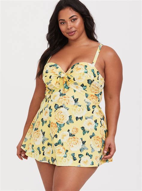 Plus Size - Yellow Floral Underwire One-Piece Swim Dress - Torrid
