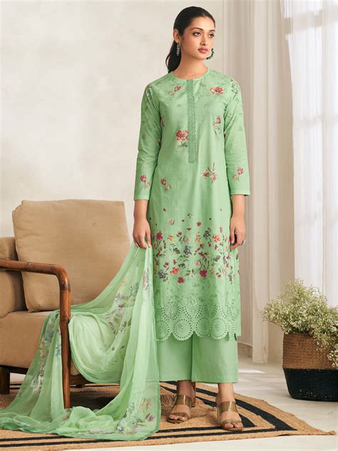 AVIGYA PISTAGREEN Pure Cotton Unstitched Set with Fancy Handwork & Emb ...