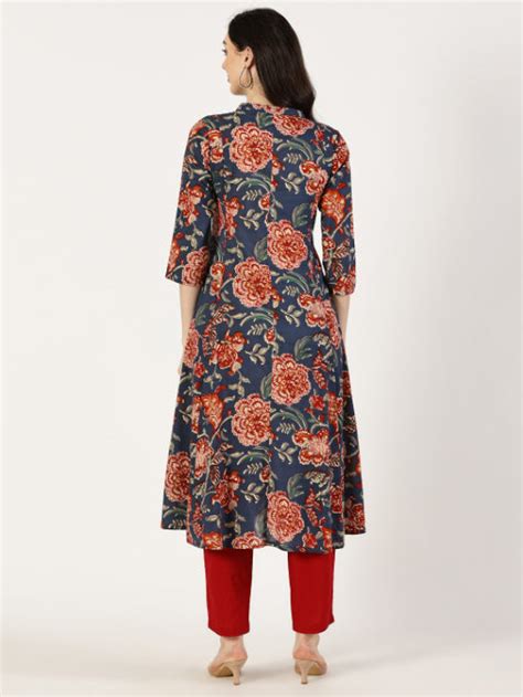 Blue Cotton Printed Kurta with Embroidered Neck and Mirror Work ...