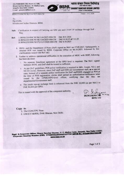 Clarification regarding carrying out BSNL SIM sale and C-TOP UP ...