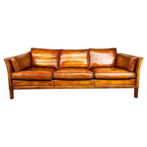 Long Vintage Hans Mogensen 70s Patinated Tan Three Seater Leather Sofa ...