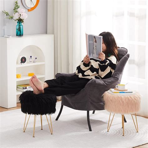 Buy Mxfurhawa Faux Fur Storage Ottoman Round Furry Vanity Stool Marble ...