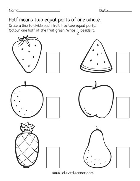Fun activity on fractions, Half (1/2) worksheets for children