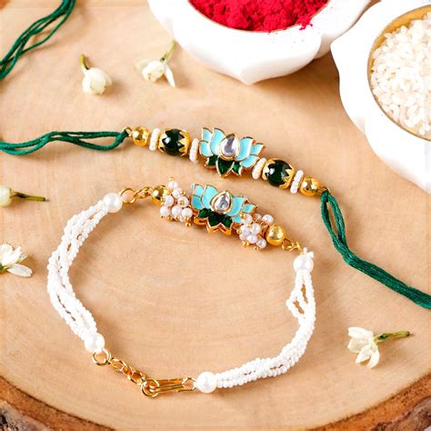 Green Kundan Lotus Rakhi Gift Set For Bhaiya Bhabhi Online - Premium ...