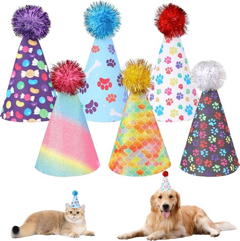 Amazon.com : KALIONE 6 Packs Cat Birthday Hat, Rainbow Dog Party Hats ...