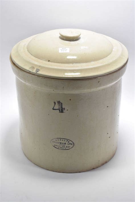 Four gallon Medalta stoneware crock with lid