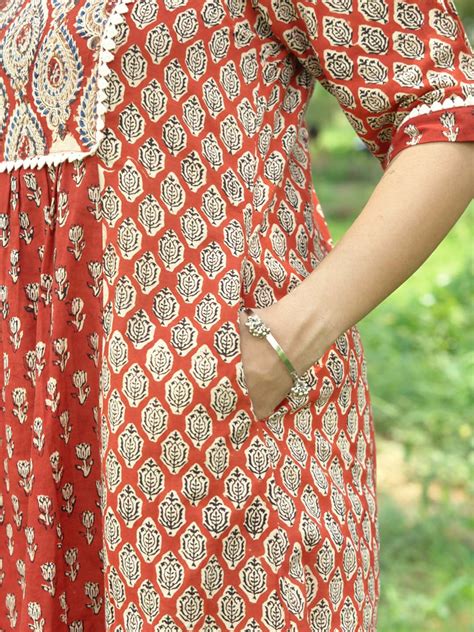 Bagru Handblock Printed Red Booty Yoke Kurta