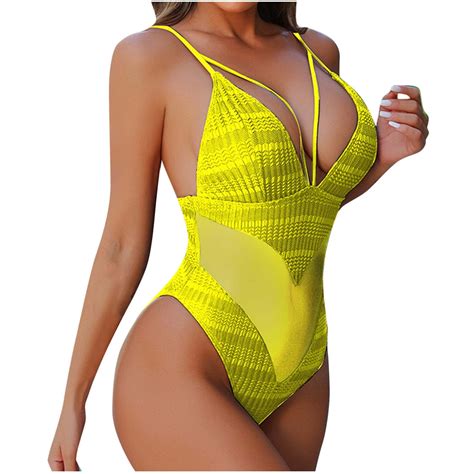 Womens One Piece Bathing Suits Tummy V- Neck Padded Swimsuit Open Back ...