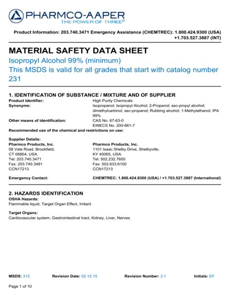 Isopropyl Alcohol 99% MSDS | Safety Data Sheet