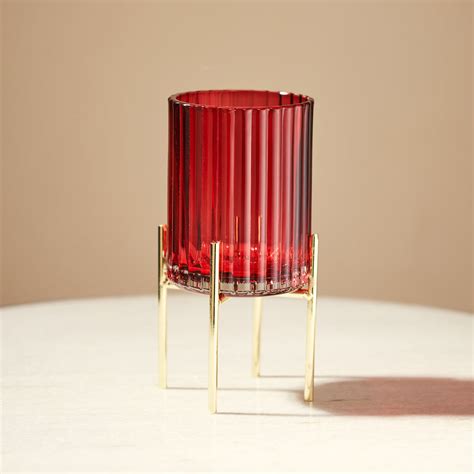 Shop Red Ribbed Glass Hurricane with Metal Stand - Small - at Best ...